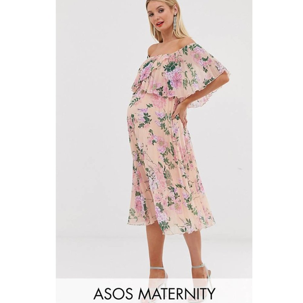 ASOS DESIGN Maternity pleated bandeau midi dress with double layer